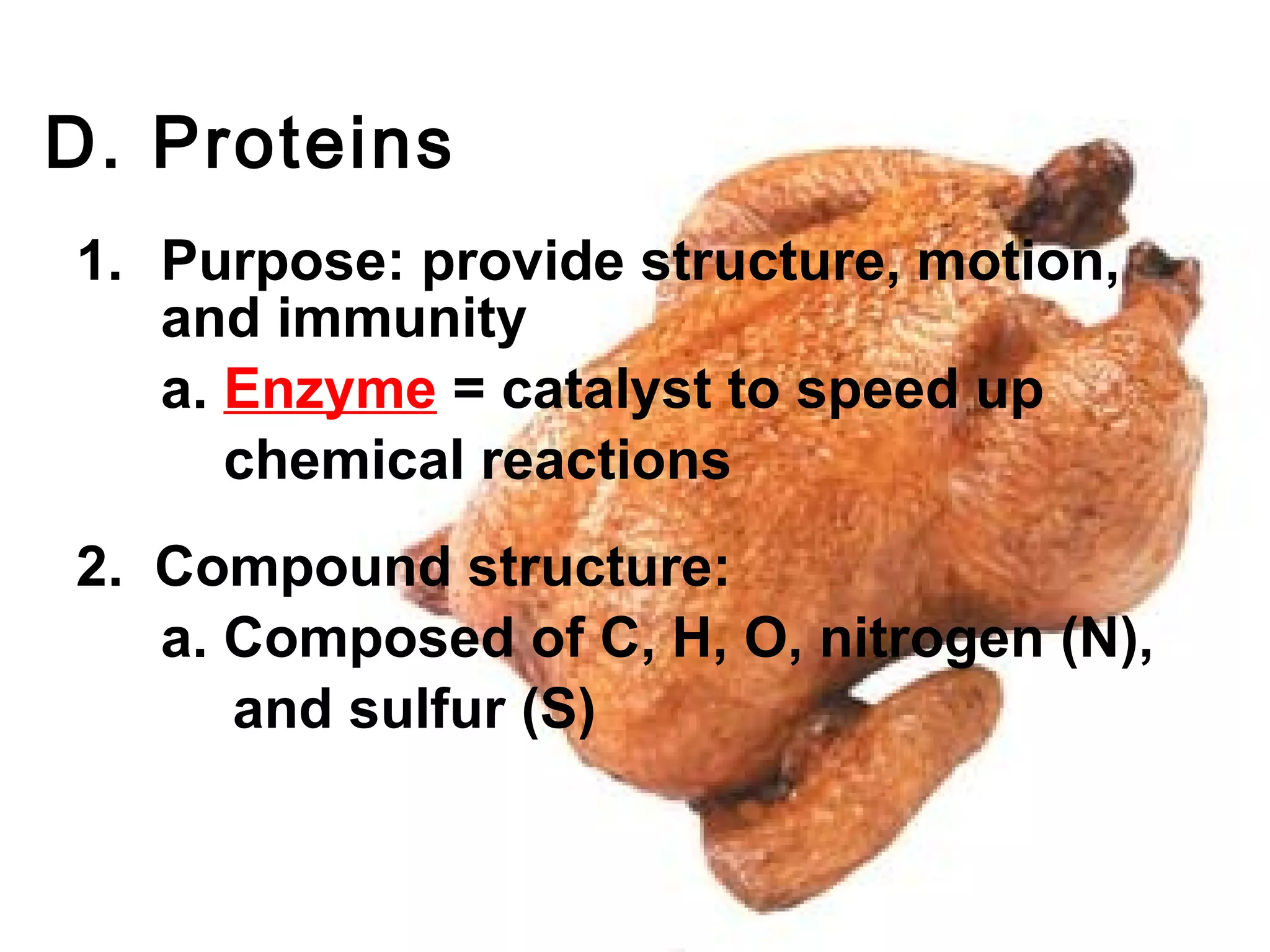 D. Proteins
1. Purpose: provide structure, motion,
   and immunity
   a. Enzyme = catalyst to speed up
      chemical reactions
2. Compound structure:
   a. Composed of C, H, O, nitrogen (N),
      and sulfur (S)
 