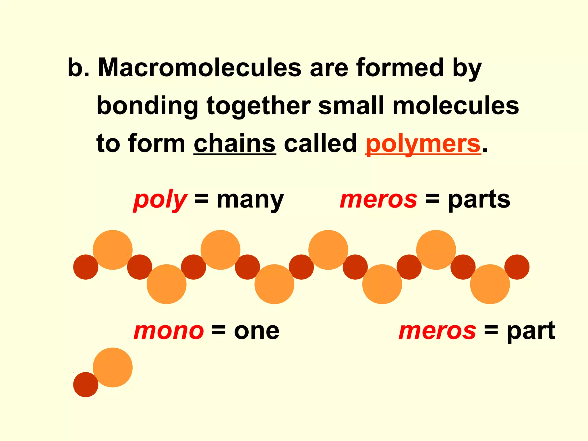 b. Macromolecules are formed by
   bonding together small molecules
   to form chains called polymers.

     poly = many     meros = parts




     mono = one          meros = part
 