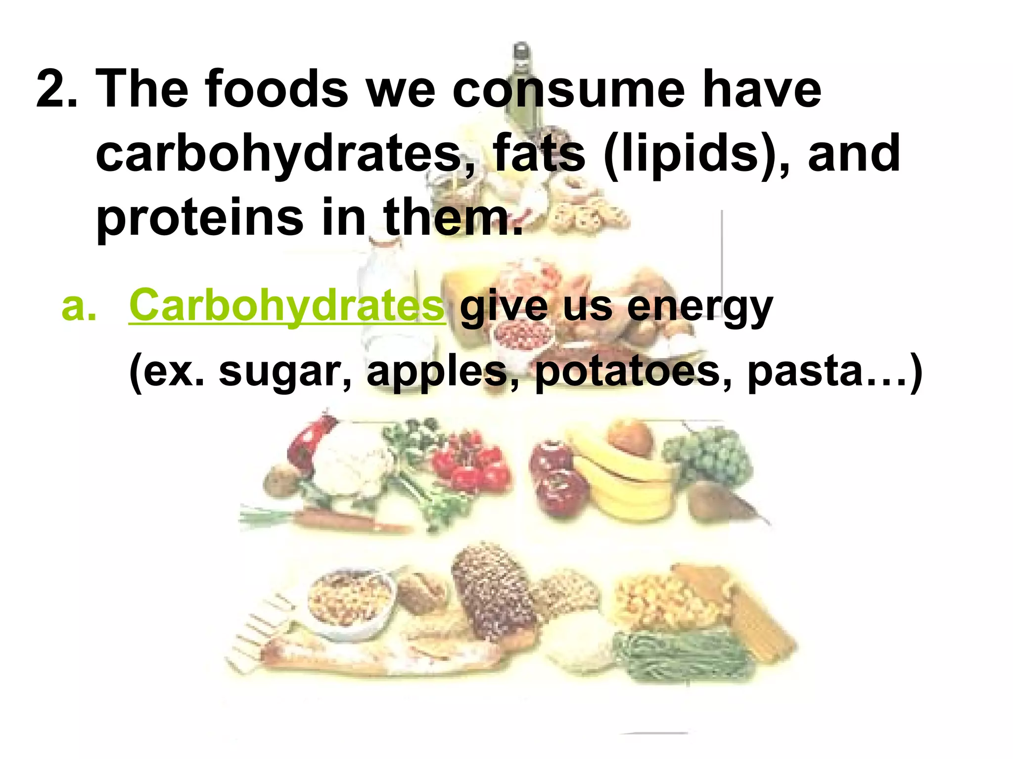 2. The foods we consume have
   carbohydrates, fats (lipids), and
   proteins in them.
 a. Carbohydrates give us energy
    (ex. sugar, apples, potatoes, pasta…)
 