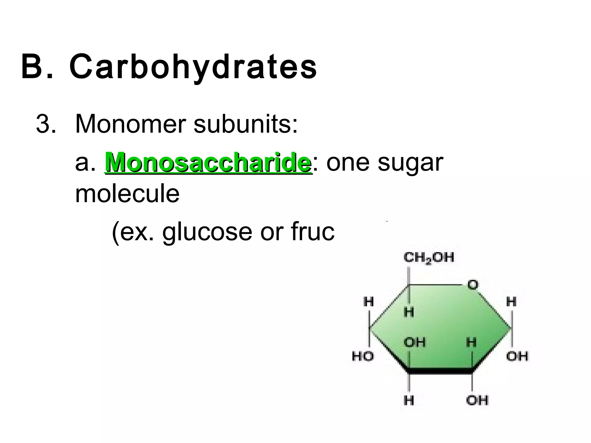 B. Carbohydrates
3. Monomer subunits:
   a. Monosaccharide: one sugar
      Monosaccharide
   molecule
      (ex. glucose or fructose)
 