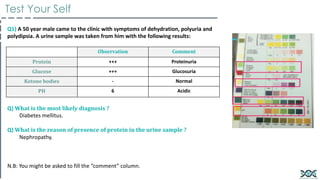 Q1) A 50 year male came to the clinic with symptoms of dehydration, polyuria and
polydipsia. A urine sample was taken from him with the following results:
Observation Comment
Protein +++ Proteinuria
Glucose +++ Glucosuria
Ketone bodies - Normal
PH 6 Acidic
Q) What is the most likely diagnosis ?
Diabetes mellitus.
Q) What is the reason of presence of protein in the urine sample ?
Nephropathy.
N.B: You might be asked to fill the “comment” column.
Test Your Self
 