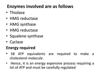 Enzymes involved are as follows
• Thiolase
• HMG reductase
• HMG synthase
• HMG reductase
• Squalene synthase
• Cyclase
Energy required
• 58 ATP equivalents are required to make a
cholesterol molecule.
• Hence, it is an energy expensive process requiring a
lot of ATP and must be carefully regulated
 