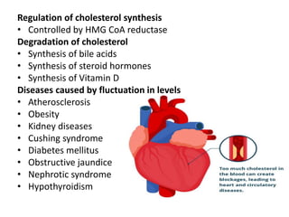 Regulation of cholesterol synthesis
• Controlled by HMG CoA reductase
Degradation of cholesterol
• Synthesis of bile acids
• Synthesis of steroid hormones
• Synthesis of Vitamin D
Diseases caused by fluctuation in levels
• Atherosclerosis
• Obesity
• Kidney diseases
• Cushing syndrome
• Diabetes mellitus
• Obstructive jaundice
• Nephrotic syndrome
• Hypothyroidism
 