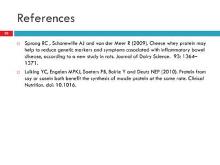 References
30

        Sprong RC , Schonewille AJ and van der Meer R (2009). Cheese whey protein may
         help to reduce genetic markers and symptoms associated with inflammatory bowel
         disease, according to a new study in rats. Journal of Dairy Science. 93: 1364–
         1371.
        Luiking YC, Engelen MPKJ, Soeters PB, Boirie Y and Deutz NEP (2010). Protein from
         soy or casein both benefit the synthesis of muscle protein at the same rate. Clinical
         Nutrition. doi: 10.1016.
 