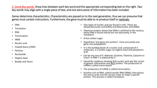 2. Some Key words. Draw lines between each key word and the appropriate corresponding text on the right. Two
key words may align with a single piece of text, and one extra piece of information has been included.
Genes determine characteristics. Characteristics are passed on to the next generation, thus we can presume that
genes must contain instructions. Furthermore, the gene must be able to re-produce itself or replicate.
• DNA
• Translation
• RNA
• Transcription
• tRNA
• Nucleic acid
• Oswald Avery (1944)
• Pentose
• Nucleotide
• Organic base
• Beadle and Tatum
• Two types of nucleic acid are found in cells. These are
Deoxyribonucleic acid (DNA) and Ribonucleic acid (RNA).
• Chemical analysis shows that DNA is confined to the nucleus,
whilst RNA is found mainly but not exclusively, in the
cytoplasm.
• A five carbon sugar.
• Hypothesis ‘one gene-one protein’- more accurately one
gene-one polypeptide’.
• It is the building block of a nucleic acid, composed of 3
molecules: a 5 carbon sugar, an organic base and phosphoric
acid.
• Can be any one of 5: Adenine, Guanine, Thymine, Cytosine or
Uracil. In RNA T is replaced by U.
• Famed for evidence showing that nucleic acid was the carrier
of genetic information and NOT protein. The production of
mRNA is called transcription.
• The production of mRNA is called transcription.
• Another sort of RNA, called transfer RNA (tRNA), then places
the amino acids into the correct order to make a specific
protein. This process is called translation.
 