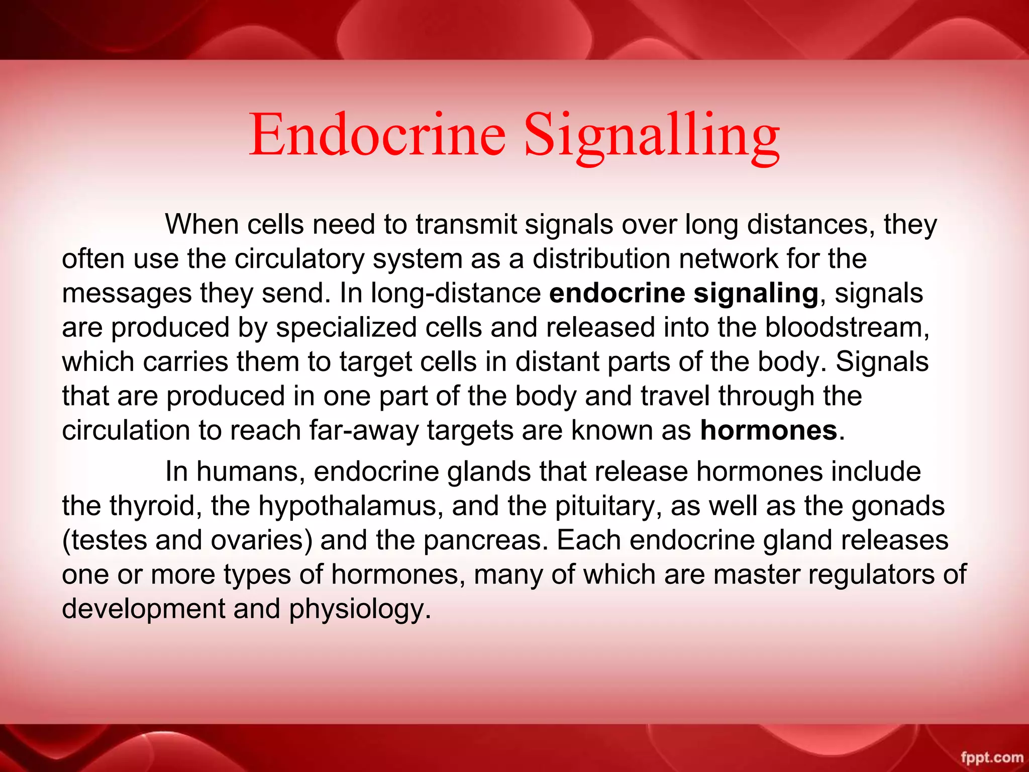 Endocrine Signalling
When cells need to transmit signals over long distances, they
often use the circulatory system as a distribution network for the
messages they send. In long-distance endocrine signaling, signals
are produced by specialized cells and released into the bloodstream,
which carries them to target cells in distant parts of the body. Signals
that are produced in one part of the body and travel through the
circulation to reach far-away targets are known as hormones.
In humans, endocrine glands that release hormones include
the thyroid, the hypothalamus, and the pituitary, as well as the gonads
(testes and ovaries) and the pancreas. Each endocrine gland releases
one or more types of hormones, many of which are master regulators of
development and physiology.
 