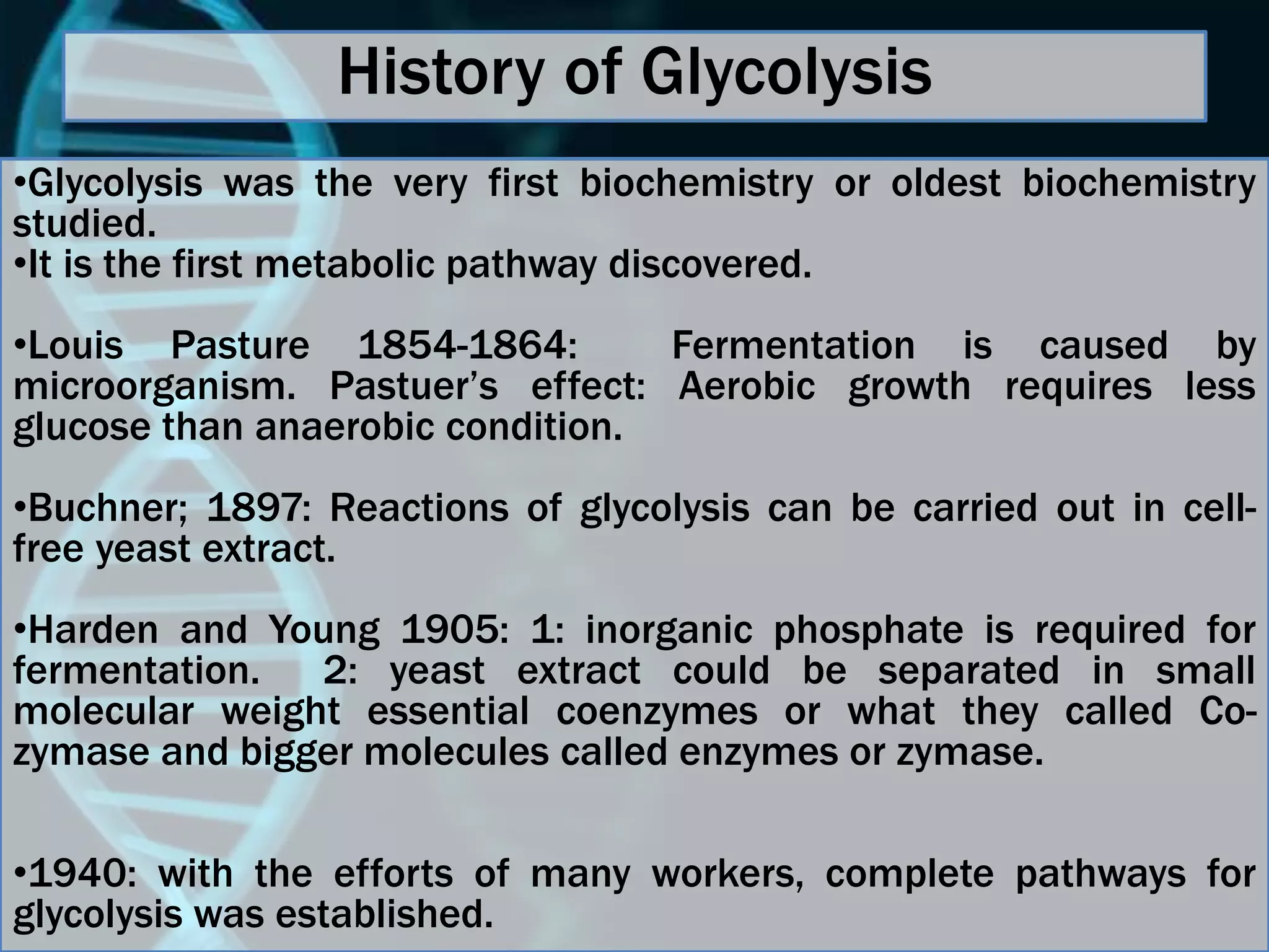 •Glycolysis was the very first biochemistry or oldest biochemistry
studied.
•It is the first metabolic pathway discovered.
•Louis Pasture 1854-1864: Fermentation is caused by
microorganism. Pastuer’s effect: Aerobic growth requires less
glucose than anaerobic condition.
•Buchner; 1897: Reactions of glycolysis can be carried out in cell-
free yeast extract.
•Harden and Young 1905: 1: inorganic phosphate is required for
fermentation. 2: yeast extract could be separated in small
molecular weight essential coenzymes or what they called Co-
zymase and bigger molecules called enzymes or zymase.
•1940: with the efforts of many workers, complete pathways for
glycolysis was established.
History of Glycolysis
 