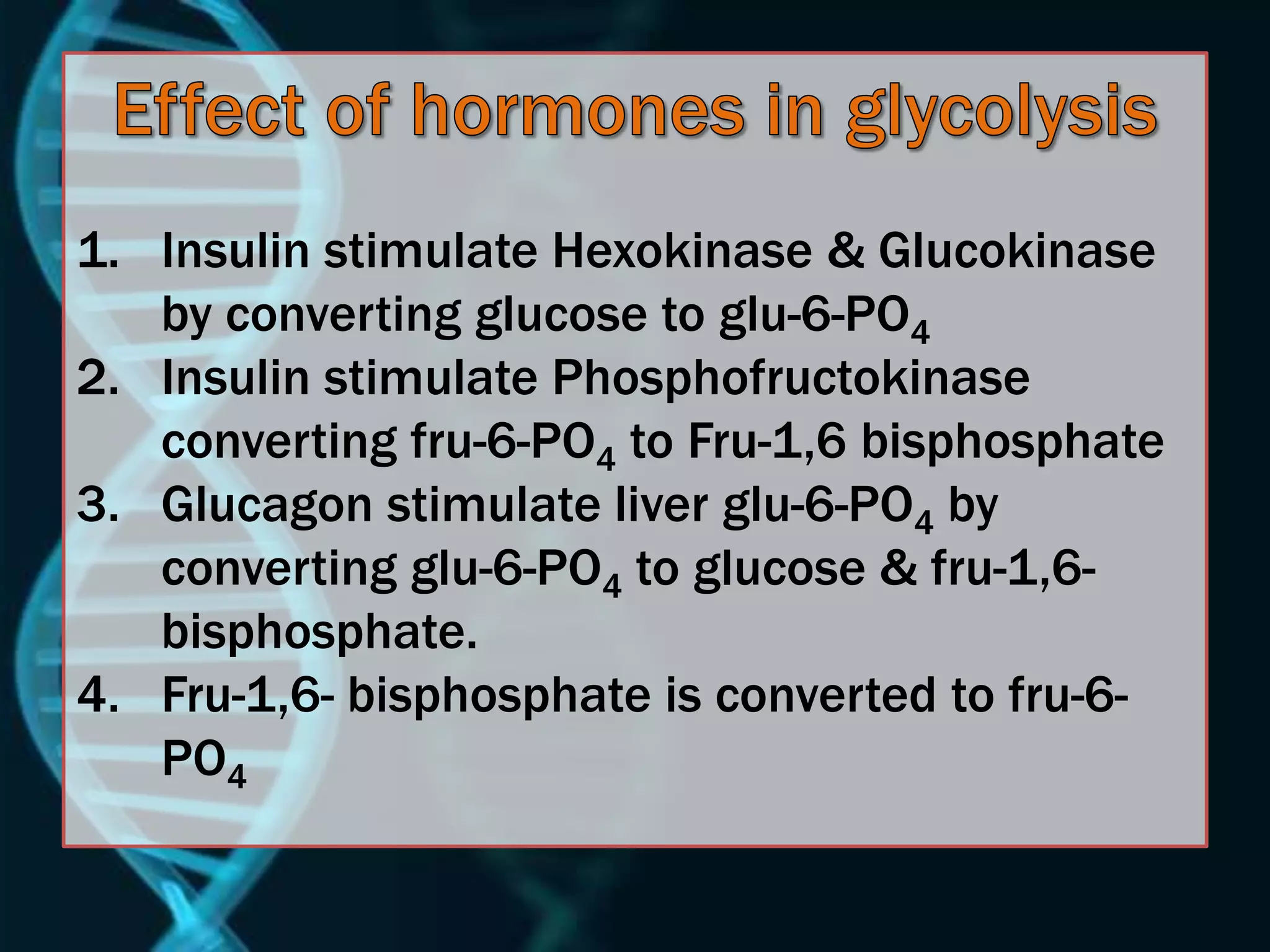 1. Insulin stimulate Hexokinase & Glucokinase
by converting glucose to glu-6-PO4
2. Insulin stimulate Phosphofructokinase
converting fru-6-PO4 to Fru-1,6 bisphosphate
3. Glucagon stimulate liver glu-6-PO4 by
converting glu-6-PO4 to glucose & fru-1,6-
bisphosphate.
4. Fru-1,6- bisphosphate is converted to fru-6-
PO4
 