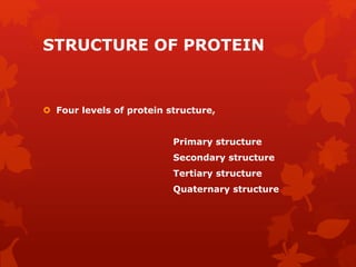 STRUCTURE OF PROTEIN
 Four levels of protein structure,
Primary structure
Secondary structure
Tertiary structure
Quaternary structure
 