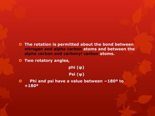  The rotation is permitted about the bond between
nitrogen and alpha carbon atoms and between the
alpha carbon and carbonyl carbon atoms.
 Two rotatory angles,
phi (φ)
Psi (ψ)
 Phi and psi have a value between −180º to
+180º
 