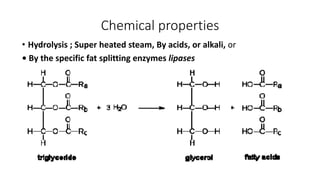 Chemical properties
• Hydrolysis ; Super heated steam, By acids, or alkali, or
• By the specific fat splitting enzymes lipases
 