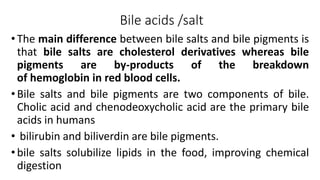 Bile acids /salt
•The main difference between bile salts and bile pigments is
that bile salts are cholesterol derivatives whereas bile
pigments are by-products of the breakdown
of hemoglobin in red blood cells.
•Bile salts and bile pigments are two components of bile.
Cholic acid and chenodeoxycholic acid are the primary bile
acids in humans
• bilirubin and biliverdin are bile pigments.
•bile salts solubilize lipids in the food, improving chemical
digestion
 