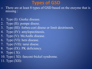 Types of GSD
o There are at least 8 types of GSD based on the enzyme that is
missing :
1. Type (I): Gierke disease.
2. Type (II): pompe disese.
3. Type (III): forbes-cori disese or limit dextrinosis.
4. Type (IV): amylopectinosis.
5. Type (V): McAedle disease.
6. Type (VI): hers disease.
7. Type (VII): tarui disese.
8. Type (IX): PK deficiency.
9. Type ( X):
10. Type ( XI): fanconi-bickel syndrome.
11. Type (XII):
 
