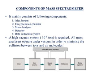COMPONENTS OF MASS SPECTROMETER
• It mainly consists of following components:
1. Inlet System
2. Ion generation chamber
3. Mass Analyser
4. Detector
5. Data collection system
• A high vacuum system ( 10-6 torr) is required. All mass
analysers operate under vacuum in order to minimise the
collision between ions and air molecules.
 