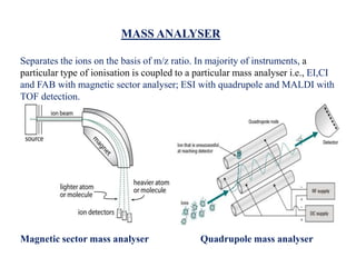 MASS ANALYSER
Separates the ions on the basis of m/z ratio. In majority of instruments, a
particular type of ionisation is coupled to a particular mass analyser i.e., EI,CI
and FAB with magnetic sector analyser; ESI with quadrupole and MALDI with
TOF detection.
Magnetic sector mass analyser Quadrupole mass analyser
 