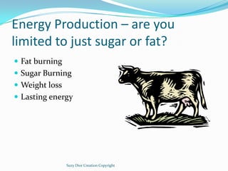 Energy Production – are you
limited to just sugar or fat?
 Fat burning
 Sugar Burning
 Weight loss
 Lasting energy



...