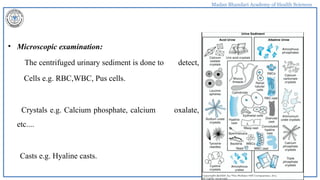 Madan Bhandari Academy of Health Sciences
• Microscopic examination:
The centrifuged urinary sediment is done to detect,
Cells e.g. RBC,WBC, Pus cells.
Crystals e.g. Calcium phosphate, calcium oxalate,
etc....
Casts e.g. Hyaline casts.
 