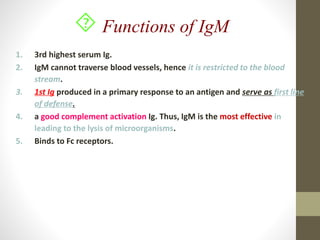  Functions of IgM
1. 3rd highest serum Ig.
2. IgM cannot traverse blood vessels, hence it is restricted to the blood
stream.
3. 1st Ig produced in a primary response to an antigen and serve as first line
of defense.
4. a good complement activation Ig. Thus, IgM is the most effective in
leading to the lysis of microorganisms.
5. Binds to Fc receptors.
 
