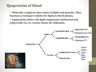 lipoproteins of blood
• Molecular complexes that consist of lipids and proteins. They
function as transport vehicles for lipids in blood plasma.
• Lipoproteins deliver the lipid components (cholesterol and
triglyceride etc.) to various tissues for utilization.
 