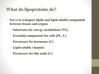 What do lipoproteins do?
• Serve to transport lipids and lipid-soluble compounds
between tissues and organs
• Substrates for energy metabolism (TG)
• Essential components for cells (PL, C)
• Precursors for hormones (C)
• Lipid soluble vitamins
• Precursors for bile acids (C)
 