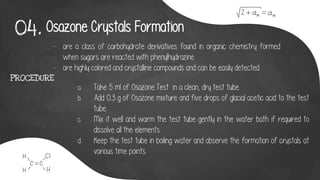 Osazone Crystals Formation
04.
- are a class of carbohydrate derivatives found in organic chemistry formed
when sugars are reacted with phenylhydrazine.
- are highly colored and crystalline compounds and can be easily detected.
a. Take 5 ml of Osazone Test in a clean, dry test tube.
b. Add 0.3 g of Osazone mixture and five drops of glacial acetic acid to the test
tube.
c. Mix it well and warm the test tube gently in the water bath if required to
dissolve all the elements.
d. Keep the test tube in boiling water and observe the formation of crystals at
various time points.
PROCEDURE
 