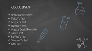  Define Carbohydrates:
 Molisch’s Test:
 Benedict’s Test:
 Nylander’s Test:
 Osazone Crystal Formation:
 Tollen’s Test:
 Barfoed’s Test
 Seliwanoff’s Test:
 Iodine Test:
OBJECTIVES:
 