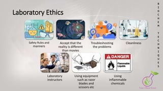 Laboratory Ethics
Safety Rules and
manners
Accept that the
reality is different
than movies
Troubleshooting
the problems
Cleanliness
Laboratory
instructors
Using equipment
such as razor
blades and
scissors etc
Using
inflammable
chemicals
B
I
O
C
H
E
M
T
E
C
H
N
I
Q
U
E
S