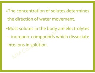 •The concentration of solutes determines
the direction of water movement.
•Most solutes in the body are electrolytes
– inorganic compounds which dissociate
into ions in solution.
 