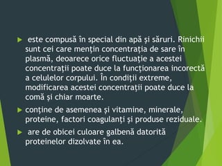  este compusă în special din apă şi săruri. Rinichii
sunt cei care menţin concentraţia de sare în
plasmă, deoarece orice fluctuaţie a acestei
concentraţii poate duce la funcţionarea incorectă
a celulelor corpului. În condiţii extreme,
modificarea acestei concentraţii poate duce la
comă şi chiar moarte.
 conţine de asemenea şi vitamine, minerale,
proteine, factori coagulanţi şi produse reziduale.
 are de obicei culoare galbenă datorită
proteinelor dizolvate în ea.
 