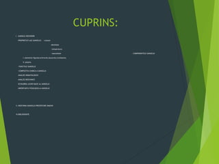 CUPRINS:
I. –SANGELE-DESCRIERE
-PROPRIETATI ALE SANGELUI: -culoare
-densitate
- temperatura
-vascozitate - COMPONENTELE SANGELUI
I.-elemente figurate:eritrocite,leucocite,trombocite.
II.-plasma
-FUNCTIILE SANGELUI
-COMPOZITIA CHIMICA A SANGELUI
-ANALIZE HEMATOLOGICE
-ANALIZE BIOCHIMICE
-ECHILIBRUL ACIDO-BAZIC AL SANGELUI
-IMPORTANTA FIZIOLOGICA A SANGELUI
II.-BIOCHIMIA SANGELUI-PREZENTARE IMAGINI
III.BIBLIOGRAFIE
 