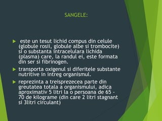SANGELE:
 este un tesut lichid compus din celule
(globule rosii, globule albe si trombocite)
si o substanta intracelulara lichida
(plasma) care, la randul ei, este formata
din ser si fibrinogen.
 transporta oxigenul si diferitele substante
nutritive in intreg organismul.
 reprezinta a treisprezecea parte din
greutatea totala a organismului, adica
aproximativ 5 litri la o persoana de 65 -
70 de kilograme (din care 2 litri stagnant
si 3litri circulant)
 