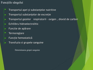 Funcţiile sângelui
Transportul apei şi substanţelor nutritive
Transportul substanţelor de excreţie
Transportul gazelor respiratorii – oxigen , dioxid de carbon
Echilibru hidroelectrolitic
Functie de apărare
Termoreglare
Funcţie hemostatică
Transfuzia si grupele sanguine
Determinarea grupei sanguine
 