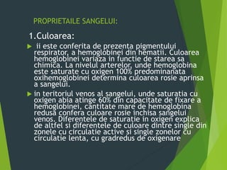 PROPRIETAILE SANGELUI:
1.Culoarea:
 ii este conferita de prezenta pigmentului
respirator, a hemoglobinei din hematii. Culoarea
hemoglobinei variaza in functie de starea sa
chimica. La nivelul arterelor, unde hemoglobina
este saturate cu oxigen 100% predominanata
oxihemoglobinei determina culoarea rosie aprinsa
a sangelui.
 in teritoriul venos al sangelui, unde saturatia cu
oxigen abia atinge 60% din capacitate de fixare a
hemoglobinei, cantitate mare de hemoglobina
redusa confera culoare rosie inchisa sangelui
venos. Diferentele de saturatie in oxigen explica
de altfel si diferentele de culoare dintre single din
zonele cu circulatie active si single zonelor cu
circulatie lenta, cu gradredus de oxigenare
 