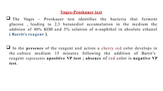 Voges-Proskauer test
 The Voges – Proskauer test identifies the bacteria that ferment
glucose , leading to 2,3 butanediol accumulation in the medium the
addition of 40% KOH and 5% solution of α-naphthol in absolute ethanol
( Barrit’s reagent ).
 In the presence of the reagent and action a cherry red color develops in
the culture medium 15 minutes following the addition of Barrit’s
reagent represents apositive VP test ; absence of red color is negative VP
test.
 