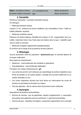 Ph. Collas
Biochimie MGP 17
Hélice : les liaisons intermo-
léculaires stables l’emportent
ι et κ carraghénannes
Agar
Basse température
Basse température
2. Solubilité
Nombreux hydroxyles = caractère hydrophile marqué
On distingue :
• Molécules linéaires neutres
Liaisons (1->4) : présence de zones cristallines, peu accessibles à l’eau = faible so-
lubilité (cellulose, amylose)
• Molécules ramifiées neutres
Présence de résidus latéraux, flexibilité de la liaison (1->6) : augmentation de la so-
lubilité, notamment dans l’eau froide (plus de résidus dans le guar : solubilité supé-
rieure à celle du caroube)
• Molécules chargées négativement (polyélectrolytes)
En fonction de la charge et de la présence de sels (calcium)
3. Rhéologie
Aucune association entre les polymères : épaississant pur, la viscosité dépend de
la masse moléculaire
Deux types de comportement :
• Newtonien : macromolécules très ramifiées ou globulaires
• Pseudoplastique : macromolécules déplissées
Formation d’un réseau tridimensionnel : gel
• Les zones de jonction sont obtenues par assemblage de portions régulières sous
forme de spirales ou de rubans plissés. L’énergie de la jonction détermine le ca-
ractère réversible ou non.
• Les zones irrégulières donnent des brins libres qui interrompent les zones de
jonctions et permettent la formation du réseau.
• Cas des alginates : rôle du calcium dans les jonctions entre molécules.
4. Synergies
Associations de plusieurs hydrocolloïdes :
• Gomme de caroube : peu de galactoses, répartis irrégulièrement => association
des parties sans galactose avec les xanthanes => gels thermoréversibles.
• Gomme de guar : répartition homogène, uniquement augmentation de la viscosité
 