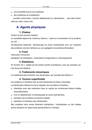 Ph. Collas
Biochimie MGP 23
q une sensibilité accrue aux protéases
q des problèmes de cristallisation
⇒ nouvelle conformation, souvent déplissement ou déroulement ⇒ peut être irréver-
sible (ex. blanc d'œuf cuit)
A. Agents physiques
1. Chaleur
Facteur le plus souvent impliqué
La sensibilité dépend de nombreux facteurs : nature et concentration de la protéine,
aw, pH, …
Conséquence fréquente : démasquage de zones hydrophobes d’où une migration
des protéines vers les interfaces ou une agrégation de protéines (floculation)
2. Froid
Inactivation d’enzymes
Agrégation et précipitation ; dissociations d’oligomères ou réarrangements
3. Radiations
En fonction de λ, captée par les acides aminés aromatiques, avec par exemple rup-
ture des ponts disulfure.
4. Traitements mécaniques
Le cisaillement peut entraîner une dénaturation, par exemple des hélices α.
5. Tension superficielle
Les protéines à l’interface sont souvent dénaturées de façon irréversible.
La dénaturation débute lors de la migration de la protéine à l’interface :
q interaction avec des molécules d’eau et rupture de nombreuses liaisons faibles
intramoléculaires
q d’où un déplissement, et démasquage de zones hydrophobes
q activation de la protéine qui devient instable
q répartition à l’interface avec dénaturation
Des protéines sans zones fortement hydrophiles / hydrophobes ou très stables
(ponts disulfure) ne migrent pas spontanément à l’interface
 