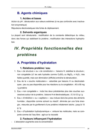 Ph. Collas
Biochimie MGP 24
B. Agents chimiques
1. Acides et bases
Action du pH : dénaturation aux valeurs extrêmes (à ne pas confondre avec inactiva-
tion enzymatique)
Répulsions électrostatiques très fortes à déplissement.
2. Solvants organiques
La plupart sont dénaturants : modification de la constante diélectrique du milieu,
donc des forces qui stabilisent la protéine ; modification des interactions hydropho-
bes
IV. Propriétés fonctionnelles des
protéines
A. Propriétés d’hydratation
1. Relations protéine / eau
1. Eau « de structure » ou « de constitution » : liaisons H, stabilise la structure ;
non congelable (cf. les sels hydratés comme CuSO4 ou MgCl2, n H20) ; très
faible quantité, mais son élimination (difficile) entraîne la dénaturation.
2. Eau de la « couche moléculaire » : adsorbée par liaisons H ou électrostati-
ques ; peu ou pas disponible pour les réactions ou la congélation ; 40 à 90 mg
/ g protéine
3. Eau « non congelable » : inclut les deux précédentes plus des couches suc-
cessives autour de la protéine ; liaisons H et électrostatiques ; 0.3 à 0.5 g / g
4. Eau « d’imbibition » ou « capillaire » : eau incluse dans les pores des aliments
humides ; disponible comme solvant ou réactif ; éliminée par une forte éner-
gie ; mesurée par le gonflement d’une protéine initialement sèche ; jusqu’à 10
g / g
5. Eau « d’hydratation hydrodynamique » : entoure les molécules, mais se com-
porte comme de l’eau libre ; agit sur la viscosité
2. Facteurs influençant l’hydratation
- L’absorption augmente avec la concentration
 