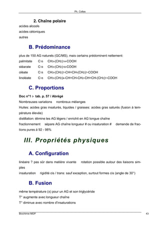 Ph. Collas
Biochimie MGP 43
2. Chaîne polaire
acides alcools
acides cétoniques
autres
B. Prédominance
plus de 150 AG naturels (GC/MS), mais certains prédominent nettement:
palmitate C16 CH3-(CH2)14-COOH
stéarate C18 CH3-(CH2)16-COOH
oléate C18 CH3-(CH2)7-CH=CH-(CH2)7-COOH
linoléate C18 CH3-(CH2)4-CH=CH-CH2-CH=CH-(CH2)7-COOH
C. Proportions
Doc n°1 ⇒ tab. p. 57 / Abrégé
Nombreuses variations ⇒ nombreux mélanges
Huiles: acides gras insaturés, liquides / graisses: acides gras saturés (fusion à tem-
pérature élevée)
distillation: élimine les AG légers / enrichit en AG longue chaîne
fractionnement ⇒ sépare AG chaîne longueur # ou insaturation # ⇒ demande de frac-
tions pures à 92 - 98%
III. Propriétés physiques
A. Configuration
linéaire ? pas sûr dans matière vivante ⇒ rotation possible autour des liaisons sim-
ples
insaturation ⇒ rigidité cis / trans: sauf exception, surtout formes cis (angle de 30°)
B. Fusion
même température (±) pour un AG et son triglycéride
T° augmente avec longueur chaîne
T° diminue avec nombre d'insaturations
 