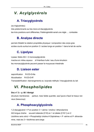 Ph. Collas
Biochimie MGP 45
V. Acylglycérols
A. Triacyglycérols
(ex triglycérides)
très prédominants sur les mono et diacylglycérols
les trois positions sont différentes; l'hétérogénéité serait une règle … contestée
B. Analyse directe
permet d'établir la relation propriétés physique / composition des corps gras
acides courts surtout en position 3 / acides longs en position 1 dans le lait de vache
C. Lipolyse
Lipase: libère AG + 2 monocaylglycérols
inactive en milieu aqueux ⇒ à l'interface huile / eau d'une émulsion
les monoacylglycérols peuvent passer la muqueuse intestinale
D. Liaison ester
saponification ⇒ R-CO-O-Na
Alcoolisation ⇒ R-CO-O-R'
Transestérification: réarrangements ex. butyrate méthyle / triacyglycérols du lait
VI. Phospholipides
Doc n° 2 ⇒ p. 66 / Abrégé
structure membranes ⇒ partout, mais faible quantité, sauf jaune d'œuf et tissus ner-
veux (beaucoup)
A. Phosphoacylglycérols
1,2 diacyglycérol + P en position 3 + sérine / choline / éthanolamine
AG longue chaîne ⇒ souvent stéarate (C18) en 1 et oléate (C18:1) en 2
Lécithine sens strict = Phosphatidyl choline # Céphalines = P -sérine et P- éthanola-
mine, mais les 3 = lécithines sens large
 