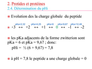 2. Protides et protéines
2.4. Détermination du pHi
 Evolution des la charge globale du peptide
 +3 ↔ +2 ↔ +1 ↔ 0 ↔ -1 ↔ -2
 les pKa adjacents de la forme zwitterion sont
pKa = 6 et pKa = 9,67 ; donc:
pHi = ½ (6 + 9,67) = 7,8
 à pH = 7,8 le peptide a une charge globale = 0
pKa=2,32 pKa=4,25 pKa=6 pKa=9,67 pKa=12,48
 