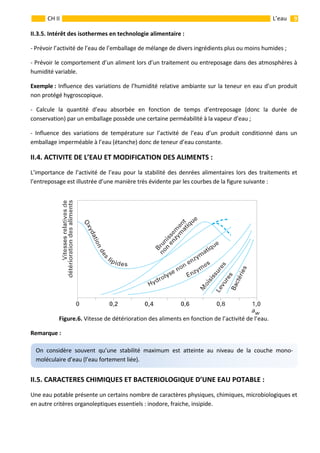                                                                                                                                                           9 
 
 
 
CH II  L’eau 
II.3.5. Intérêt des isothermes en technologie alimentaire : 
‐ Prévoir l’activité de l’eau de l’emballage de mélange de divers ingrédients plus ou moins humides ; 
‐ Prévoir le comportement d’un aliment lors d’un traitement ou entreposage dans des atmosphères à 
humidité variable. 
Exemple : Influence des variations de l’humidité relative ambiante sur la teneur en eau d’un produit 
non protégé hygroscopique. 
‐  Calcule  la  quantité  d’eau  absorbée  en  fonction  de  temps  d’entreposage  (donc  la  durée  de 
conservation) par un emballage possède une certaine perméabilité à la vapeur d’eau ; 
‐  Influence  des  variations  de  température  sur  l’activité  de  l’eau  d’un  produit  conditionné  dans  un 
emballage imperméable à l’eau (étanche) donc de teneur d’eau constante. 
II.4. ACTIVITE DE L’EAU ET MODIFICATION DES ALIMENTS : 
L’importance de l’activité de l’eau pour la stabilité des denrées alimentaires lors des traitements et 
l’entreposage est illustrée d’une manière très évidente par les courbes de la figure suivante : 
 
Figure.6. Vitesse de détérioration des aliments en fonction de l’activité de l’eau. 
Remarque :  
 
II.5. CARACTERES CHIMIQUES ET BACTERIOLOGIQUE D’UNE EAU POTABLE :  
Une eau potable présente un certains nombre de caractères physiques, chimiques, microbiologiques et 
en autre critères organoleptiques essentiels : inodore, fraiche, insipide. 
On  considère  souvent  qu’une  stabilité  maximum  est  atteinte  au  niveau  de  la  couche  mono‐
moléculaire d’eau (l’eau fortement liée). 
 