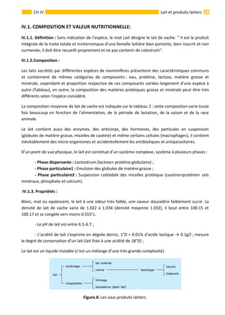 18CH IV Lait et produits laitiers
IV.1. COMPOSITION ET VALEUR NUTRITIONNELLE:
IV.1.1. Définition : Sans indication de l’espèce, le mot Lait désigne le lait de vache. ″ Il est le produit
intégrale de la traite totale et ininterrompue d’une femelle laitière bien portante, bien nourrit et non
surmenée, il doit être recueilli proprement et ne pas contenir de colostrum″.
IV.1.2.Composition :
Les laits secrétés par différentes espèces de mammifères présentent des caractéristiques communs
et contiennent de mêmes catégories de composants : eau, protéine, lactose, matière grasse et
minérale, cependant et proportion respective de ces composants variées largement d’une espèce à
autre (Tableau), en outre, la composition des matières protéiques grasse et minérale peut être très
différents selon l’espèce considéré.
La composition moyenne de lait de vache est indiquée sur le tableau 2 : cette composition varie toute
fois beaucoup en fonction de l’alimentation, de la période de lactation, de la saison et de la race
animale.
Le lait contient aussi des enzymes, des anticorps, des hormones, des particules en suspension
(globules de matière grasse, micelles de caséine) et même certains cellules (macrophages), il contient
inévitablement des micro-organismes et accidentellement les antibiotiques et antiparasitaires.
D’un point de vue physique, le lait est constitué d’un système complexe, système à plusieurs phases :
- Phase dispersante : Lactosérum (lactose+ protéine globulaire) ;
- Phase particulaire1 : Emulsion des globules de matière grasse ;
- Phase particulaire2 : Suspension colloïdale des micelles protéique (caséine+protéine+ sels
minéraux, phosphate et calcium).
IV.1.3. Propriétés :
Blanc, mat ou opalescent, le lait à une odeur très faible, une saveur douceâtre faiblement sucré. La
densité de lait de vache varie de 1.022 à 1.034 (densité moyenne 1.032), il bout entre 100.15 et
100.17 et se congèle vers moins 0.555°c.
- Le pH de lait est entre 6.5-6.7 ;
- L’acidité de lait s’exprime en dégrée dornic, 1°D = 0.01% d’acide lactique → 0.1g/l ; mesure
le degré de conservation d’un lait (lait frais à une acidité de 18°D) ;
Le lait est un liquide instable (c’est un mélange d’une très grande complexité).
Figure.8. Les sous produits laitiers.
 