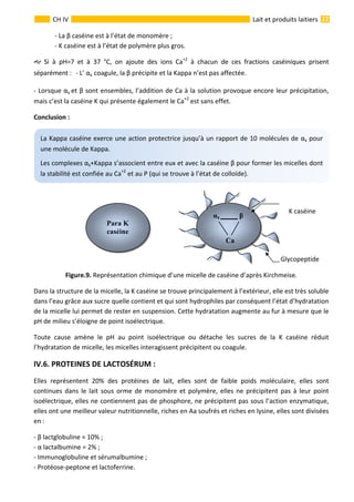  
                                                                                                                                                                 22 
      
CH IV  Lait et produits laitiers
  ‐ La β caséine est à l’état de monomère ; 
  ‐ K caséine est à l’état de polymère plus gros. 
  Si  à  pH=7  et  à  37  °C,  on  ajoute  des  ions  Ca+2
  à  chacun  de  ces  fractions  caséiniques  prisent 
séparément :   ‐ L’ αs coagule, la β précipite et la Kappa n’est pas affectée. 
‐ Lorsque αs et β sont ensembles, l’addition de Ca à la solution provoque encore leur précipitation, 
mais c’est la caséine K qui présente également le Ca+2
 est sans effet. 
Conclusion : 
 
 
  K caséine 
 
   
                                                                                                                                                         Glycopeptide 
Figure.9. Représentation chimique d’une micelle de caséine d’après Kirchmeise. 
Dans la structure de la micelle, la K caséine se trouve principalement à l’extérieur, elle est très soluble 
dans l’eau grâce aux sucre quelle contient et qui sont hydrophiles par conséquent l’état d’hydratation 
de la micelle lui permet de rester en suspension. Cette hydratation augmente au fur à mesure que le 
pH de milieu s’éloigne de point isoélectrique. 
Toute  cause  amène  le  pH  au  point  isoélectrique  ou  détache  les  sucres  de  la  K  caséine  réduit 
l’hydratation de micelle, les micelles interagissent précipitent ou coagule. 
IV.6. PROTEINES DE LACTOSÉRUM :  
Elles  représentent  20%  des  protéines  de  lait,  elles  sont  de  faible  poids  moléculaire,  elles  sont 
continues dans le lait sous orme de monomère et polymère, elles ne précipitent pas à leur point 
isoélectrique, elles ne contiennent pas de phosphore, ne précipitent pas sous l’action enzymatique, 
elles ont une meilleur valeur nutritionnelle, riches en Aa soufrés et riches en lysine, elles sont divisées 
en : 
‐ β lactglobuline = 10% ; 
‐ α lactalbumine = 2% ; 
‐ Immunoglobuline et sérumalbumine ; 
‐ Protéose‐peptone et lactoferrine.  
La Kappa caséine exerce une action protectrice jusqu’à un rapport de 10 molécules de αs pour 
une molécule de Kappa. 
Les complexes αs+Kappa s’associent entre eux et avec la caséine β pour former les micelles dont 
la stabilité est confiée au Ca+2
 et au P (qui se trouve à l’état de colloïde).  
Para K
caséine
αs β
Ca
 