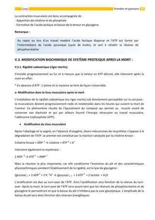32 
    
CHV   Viandes et poissons
La contraction musculaire est donc accompagnée de : 
‐ Apparition de créatine et de phosphate 
‐ Formation de l’acide lactique et baisse de la teneur en glycogène. 
Remarque : 
 
V.3. MODIFICATION BIOCHIMIQUE DE SYSTÈME PROTEIQUE APRES LA MORT : 
 Rigidité cadavérique (rigor mortis): 
S’installe progressivement au fur et à mesure que la teneur en ATP décroit, elle intervient après la 
mort en effet : 
* En absence d’ATP : L’actine et la myosine se lient de façon irréversible. 
a‐ Modification dans le tissu musculaire après la mort. 
L’installation de la rigidité cadavérique (ou rigor mortis) est directement perceptible sur la carcasse : 
la musculature devient progressivement raide et inextensible dans les heures qui suivent la mort de 
l’animal.  Ce  phénomène  résulte  de  l’épuisement  du  composé  qui  permet  au    muscle  vivant  de 
conserver  son  élasticité  et  qui  par  ailleurs  fournit  l’énergie  nécessaire  au  travail  musculaire, 
l’adénosine triphosphate (ATP). 
• Acidification du tissu musculaire 
Après l’abattage et la saigné, en l’absence d’oxygène, divers mécanismes de resynthèse s’oppose à la 
dégradation de l’ATP. Le premier est constitué par la réaction catalysée par la créatine kinase : 
Créatine kinase + ADP‐3
 → créatine + ATP‐4
 + H+
   
Intervient également la myokinase : 
2 ADP ‐3
 → ATP‐4
  + AMP‐2 
Mais la réaction la plus importante, car elle conditionne l’évolution du pH et des caractéristiques 
physicochimiques pendant l’établissement de la rigidité, est la lyse du glycogène : 
(glucose) n + 3 ADP‐3
 + 3 Pi 
‐2
H+
 → (glucose) n‐1  + 3 ATP‐4
  + 2 lactate‐
 + H2O 
L’acidification est due au turn‐over de l’ATP. Ainsi l’acidification sera fonction de la vitesse du turn‐
over. Après la mort, le turn‐over de l’ATP sera assuré tant que les réserves de phosphocréatine et de 
glycogène le permettront et que la baisse du pH n’inhibera pas la voie glycolytique. L’amplitude de la 
baisse du pH sera donc fonction des réserves énergétiques.     
Au  repos  ou  lors  d’un  travail  modéré  l’acide  lactique  disparue  et  l’ATP  est  formé  par 
l’intermédiaire  de  l’acide  pyruvique  (cycle  de  krebs),  et  sert  à  rétablir  la  réserve  de 
phosphocréatine 
.3.1.V
 