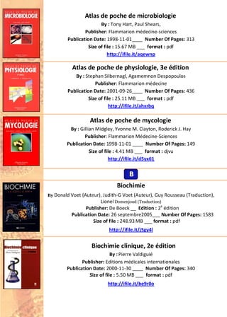 Atlas de poche de microbiologie
By : Tony Hart, Paul Shears,
Publisher: Flammarion médecine-sciences
Publication Date: 1998-11-01____ Number Of Pages: 313
Size of file : 15.67 MB ___ format : pdf
http://ifile.it/aqewnp
Atlas de poche de physiologie, 3e édition
By : Stephan Silbernagl, Agamemnon Despopoulos
Publisher: Flammarion médecine
Publication Date: 2001-09-26____ Number Of Pages: 436
Size of file : 25.11 MB ___ format : pdf
http://ifile.it/ahxrbq
Atlas de poche de mycologie
By : Gillian Midgley, Yvonne M. Clayton, Roderick J. Hay
Publisher: Flammarion Médecine-Sciences
Publication Date: 1998-11-01 ____ Number Of Pages: 149
Size of file : 4.41 MB ___ format : djvu
http://ifile.it/d5yx61
Biochimie
By Donald Voet (Auteur), Judith-G Voet (Auteur), Guy Rousseau (Traduction),
Lionel Domenjoud (Traduction)
Publisher: De Boeck __ Edition : 2e
édition
Publication Date: 26 septembre2005___ Number Of Pages: 1583
Size of file : 248.93 MB ___ format : pdf
http://ifile.it/j5gy4l
Biochimie clinique, 2e édition
By : Pierre Valdiguié
Publisher: Editions médicales internationales
Publication Date: 2000-11-30 ____ Number Of Pages: 340
Size of file : 5.50 MB ___ format : pdf
http://ifile.it/be9r0o
BBB
 