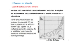 12
I. Eau dans les aliments
L’activité de l’eau dans les aliments
Relation entre teneur en eau et activité de l’eau: Isotherme de sorption
les isothermes de sorptions des aliments sont produit et température
dépendants
 