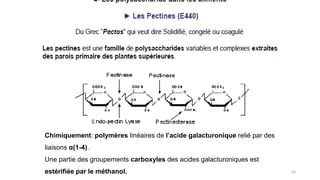 63
Chimiquement: polymères linéaires de l’acide galacturonique relié par des
liaisons α(1-4).
Une partie des groupements carboxyles des acides galacturoniques est
estérifiée par le méthanol.
 