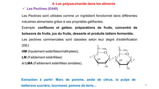 64
Les Pectines sont utilisées comme un ingrédient fonctionnel dans différentes
industries alimentaire grâce à ces propriétés gélifiantes.
Exemple: confitures et gelées, préparations de fruits, concentré de
boissons de fruits, jus du fruits, desserts et produits laitiers fermentés.
Les pectines commerciales sont classées selon leur degré d'estérification
(DE):
HM (hautement estérifiées/méthylées);
LM (Faiblement estérifiées)
et LMA (Faiblement estérifiées amidées).
4- Les polysaccharide dans les aliments
 Les Pectines (E440)
Extraction à partir: Marc de pomme, zeste de citrus, la pulpe de
betterave sucrière, tournesol, pomme de terre...
 