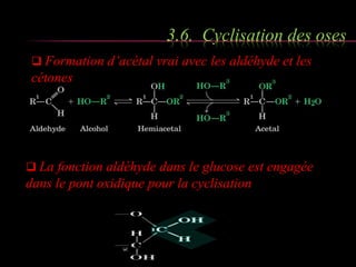 3.6. Cyclisation des oses 
 Formation d’acétal vrai avec les aldéhyde et les 
cétones 
 La fonction aldéhyde dans le glucose est engagée 
dans le pont oxidique pour la cyclisation 
 
