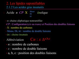 2. Les lipides saponifiables
2.1.2 Les acides gras insaturés
 Acide n CP X énoïque
• n: chaine aliphatique nonramifiée
•CP : Configuration (cis ou trans) et Position des doubles liaisons
• X : nombre de carbones
• Mono, Di, tri : nombre de double liaisons
• én : chaine insatuée
 Abbréviation Cn : x ∆a,b,c
• n : nombre de carbones
• x : nombre de double liaisons
• a, b, c : position des doubles liaisons
Mono
Di
tri
 